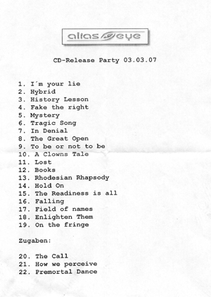 Die Setlist von Alias Eye