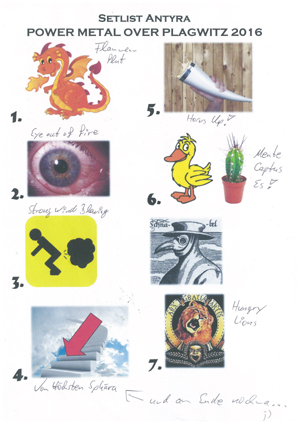 Die Setlist von Antyra in der um die Songtitel ergänzten Fassung